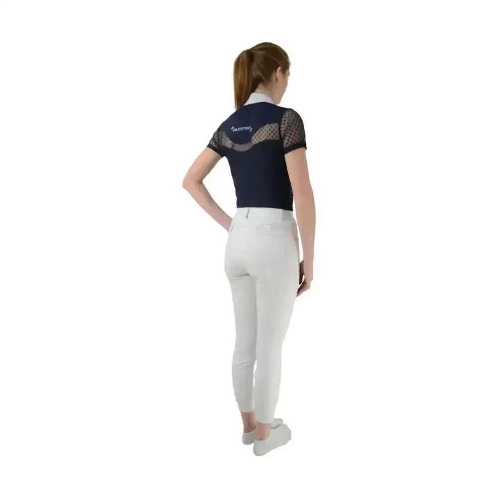Navy blue Hy Equestrian Lydia Lace show shirt with breathable fabric and sheer mesh detailing on shoulders and back view