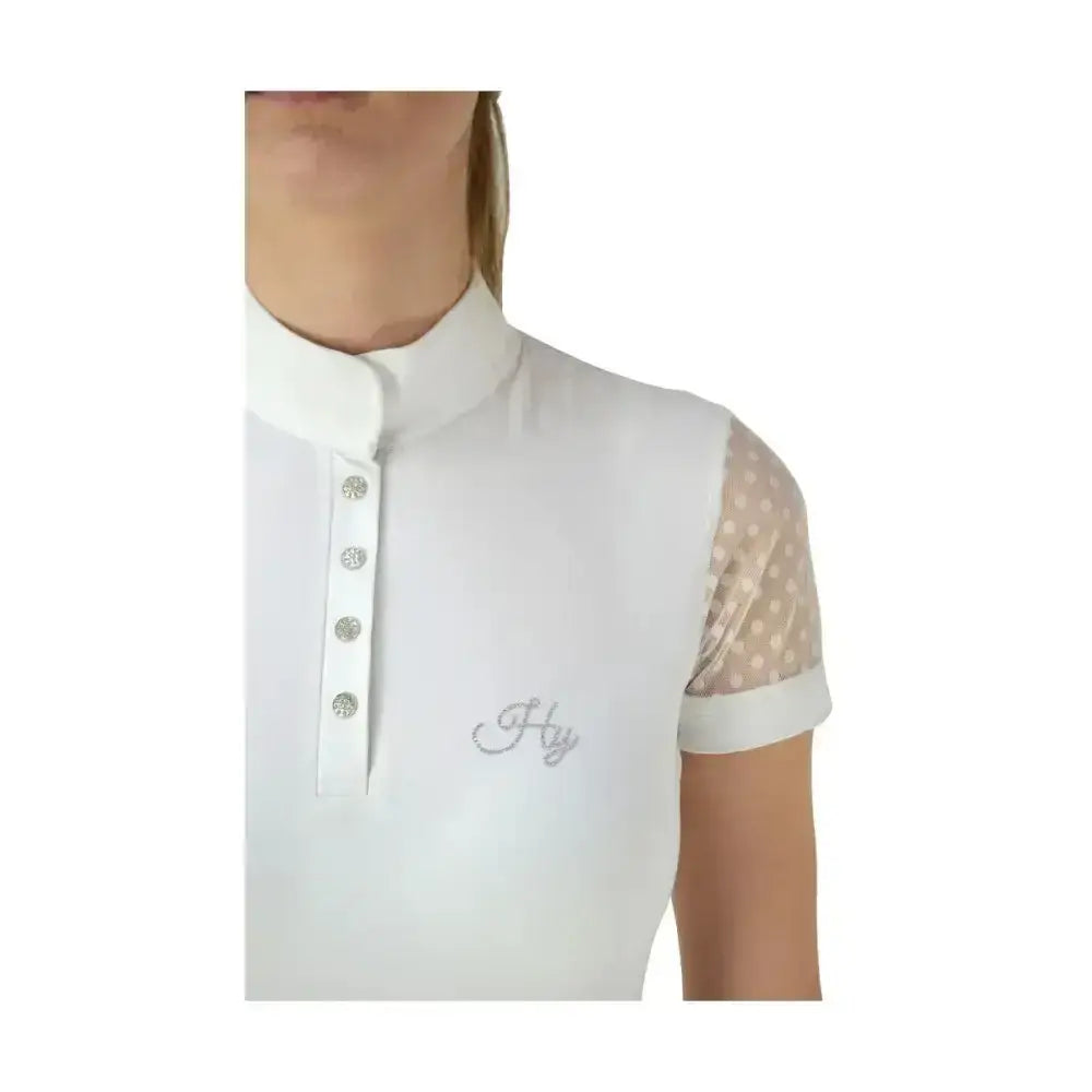 White hy equestrian lydia lace show shirt with stand-up collar silver buttons and breathable sheer polka-dot sleeves