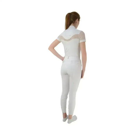 White equestrian lydia lace show shirt with breathable fabric and sheer mesh panels on shoulders and back view