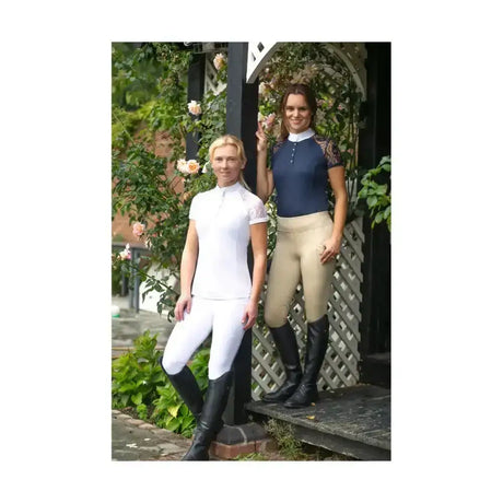 White short sleeved equestrian lyvia lace show shirt with high collar and technical moisture wicking fabric