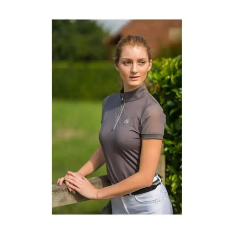 Gray short-sleeved HY equestrian maddie mesh show shirt with high collar, zipper front, and silver detailing surrounding