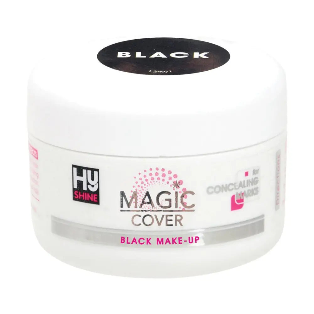 White cylindrical jar of hy equestrian magic cover make-up with black lid and pink text for concealing marks