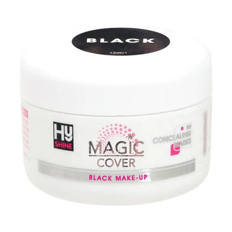 White cylindrical jar of hy equestrian magic cover make-up with black lid and pink text for concealing marks