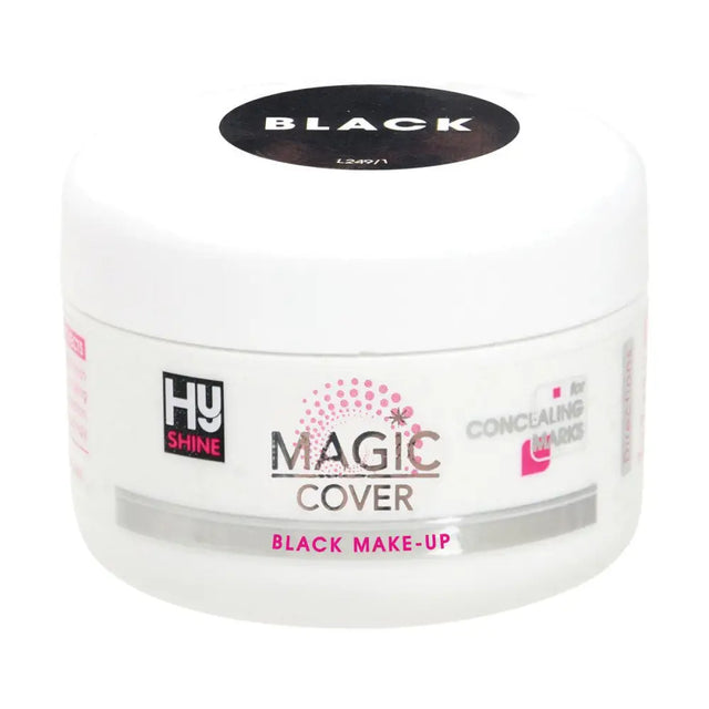 White cylindrical jar of hy equestrian magic cover make-up with black lid and pink text for concealing marks