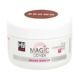 White cylindrical jar of hy equestrian magic cover make-up with brown lid and pink text for concealing marks