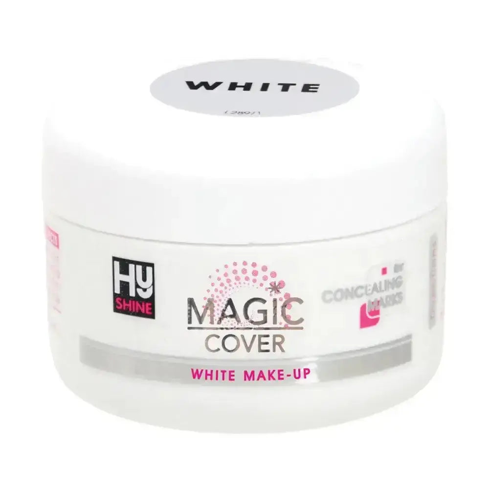 White plastic jar of hy equestrian magic cover make-up with magic cover make-up for concealing marks