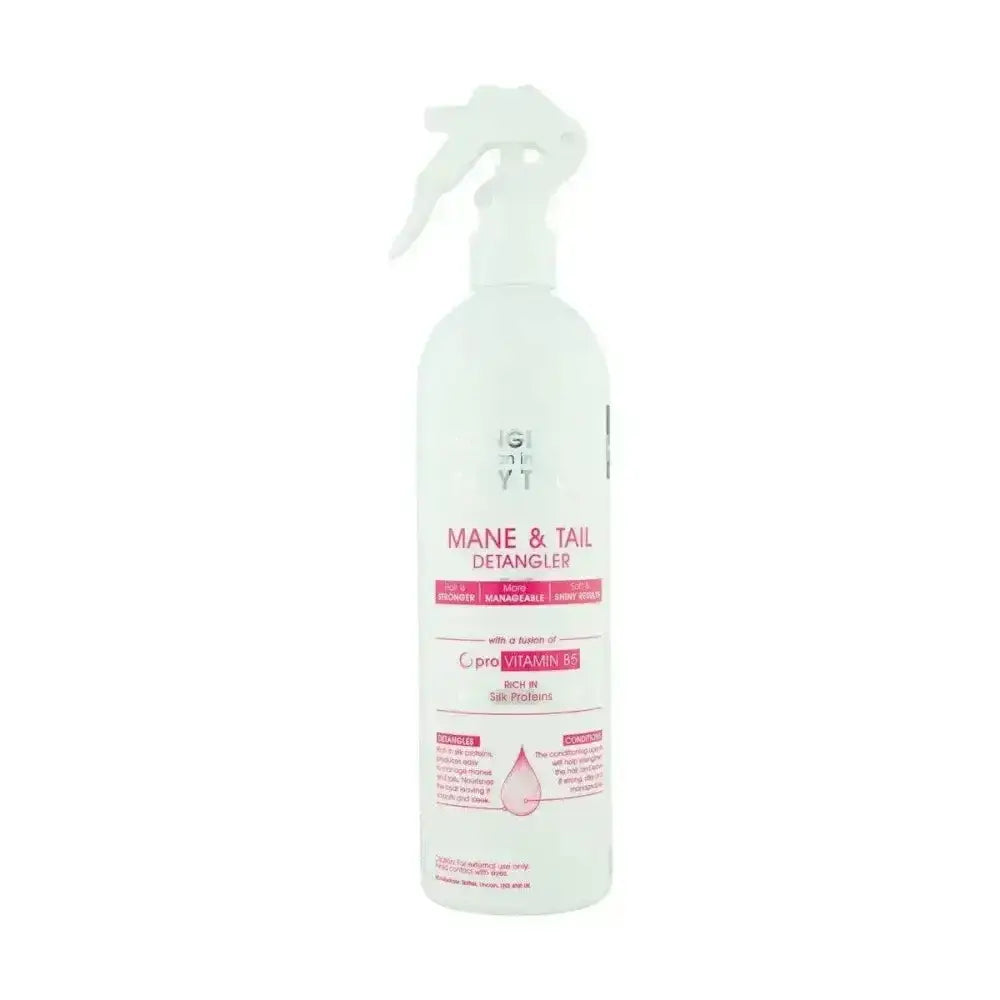 White spray bottle of hy equestrian magic finish detangler with pink label and clear trigger for mane and tail care