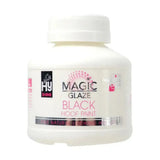 White plastic bottle of hy-shine equestrian magic glaze black hoof paint with pink label and white screw cap