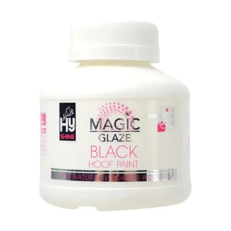 White plastic bottle of hy-shine equestrian magic glaze black hoof paint with pink label and white screw cap