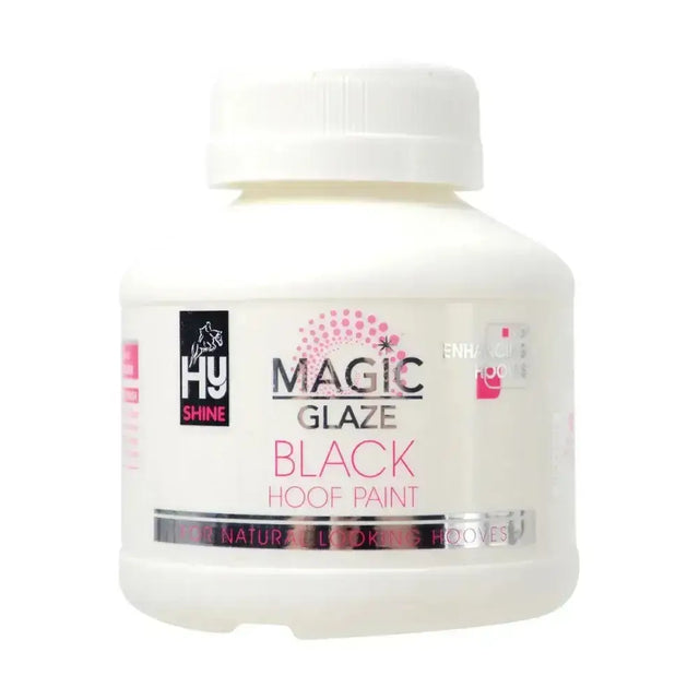 White plastic bottle of hy-shine equestrian magic glaze black hoof paint with pink label and white screw cap