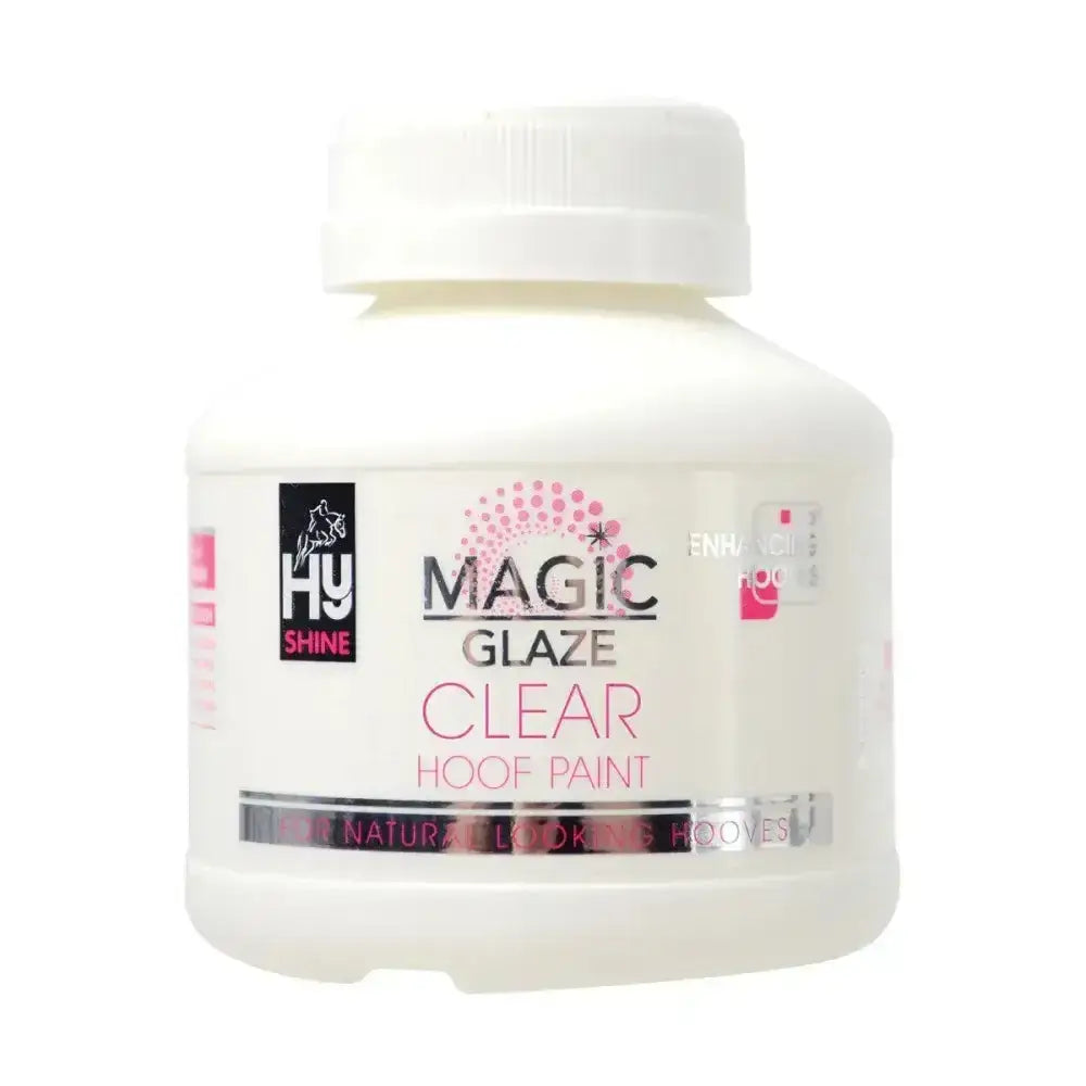 White plastic bottle of hy-shine equestrian magic glaze clear glaze hoof paint with pink and black labeling