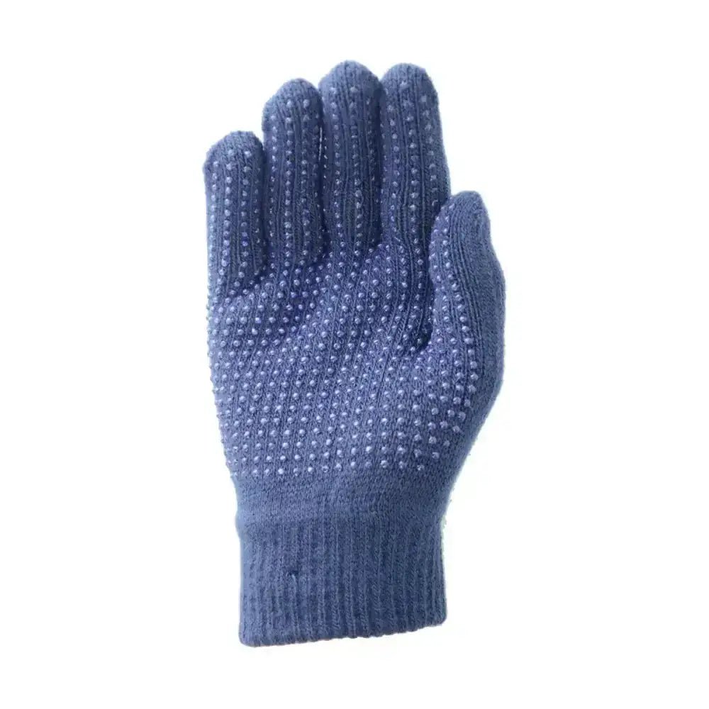 Blue knitted versatile cotton equestrian magic gloves featuring pimple textured dots on the palm for better grip