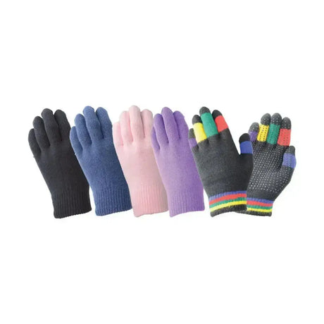 A set of hy equestrian magic gloves in solid colors and one with rainbow fingertips made of versatile cotton with ribbed cuffs