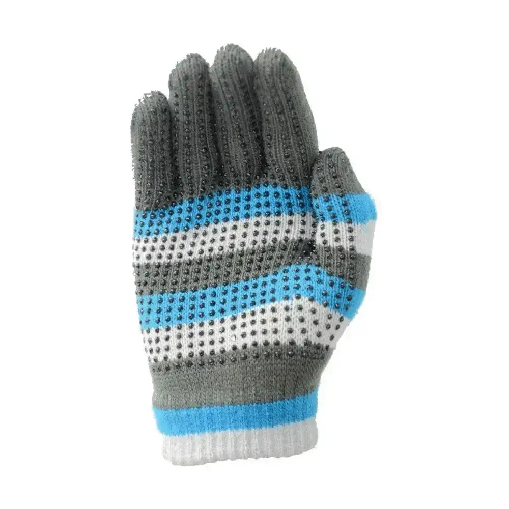 Gray and blue striped equestrian magic patterned gloves with textured grip dots on fingers perfect for riding