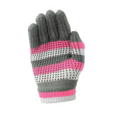 A gray pink and white striped knitted back view of hy equestrian magic patterned gloves with textured grip dots on fingers