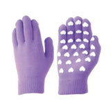 Purple hy equestrian magic patterned gloves with white heart grip dots and stretchy knit fabric for riding comfort
