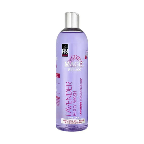 A translucent lavender magic relax lavender body wash bottle with silver cap from hy equestrian magic relax line