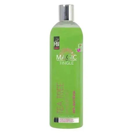 Green plastic bottle with silver cap of hy equestrian magic tingle tea tree shampoo for antibacterial care