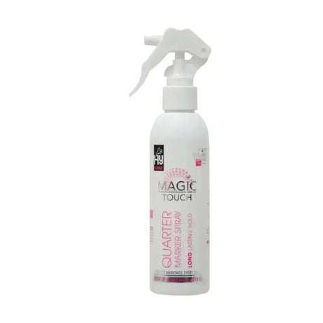 White plastic spray bottle with white nozzle labeled magic touch quarter marker spray for equestrian magic touch use