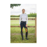 Black equestrian malvern ladies breeches with tan knee patches and a breathable 4-way stretch fabric and black belt