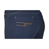 Back view of dark blue denim equestrian malvern ladies breeches with gold stitched logo and breathable 4-way stretch