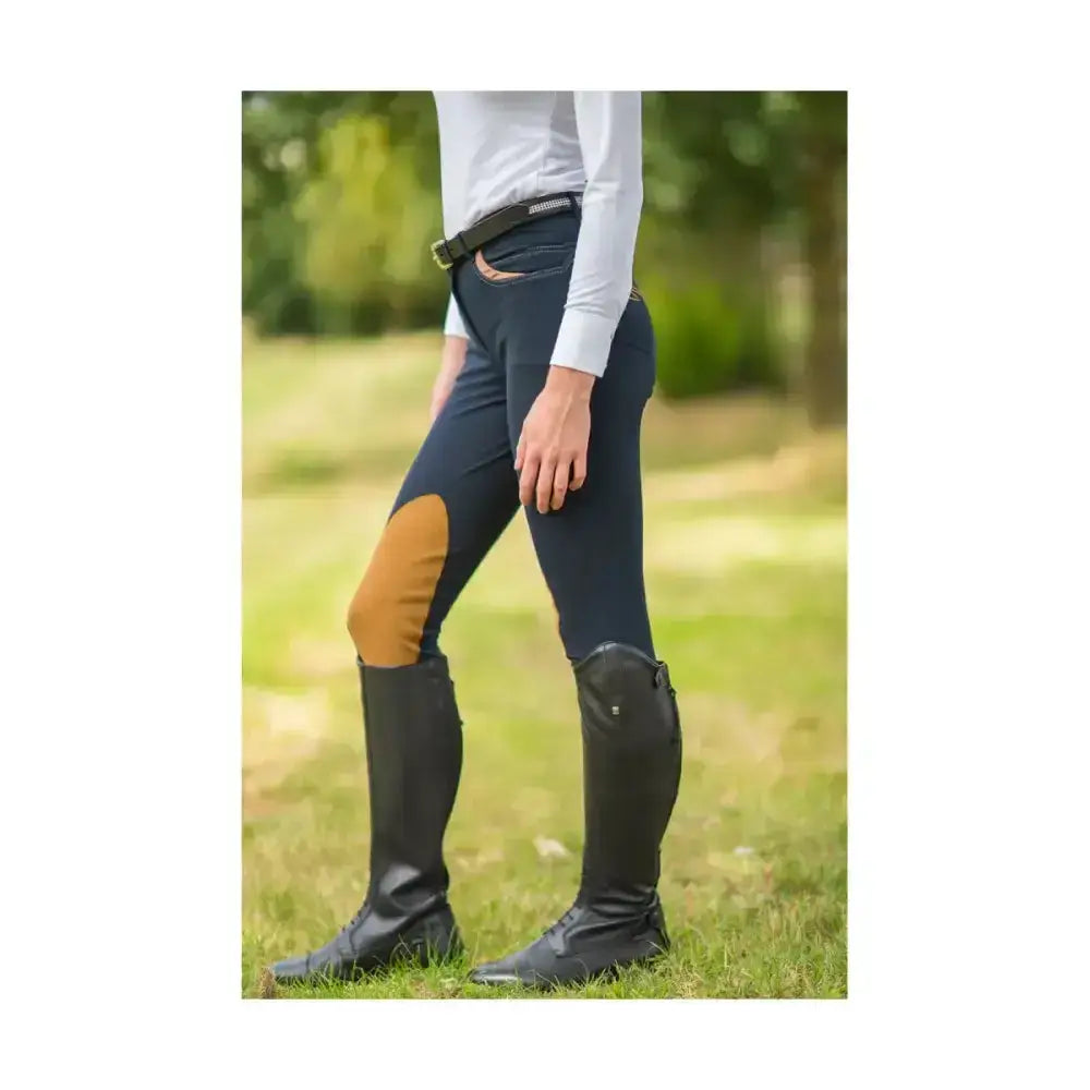 Navy blue hy equestrian malvern ladies breeches with tan knee patches black belt breathable 4-way stretch riding pants