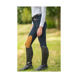 Navy blue hy equestrian malvern ladies breeches with tan knee patches black belt breathable 4-way stretch riding pants