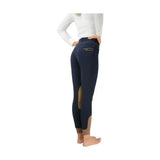 Back view of navy blue hy equestrian malvern ladies breeches with gold knee patches and breathable 4-way stretch fabric