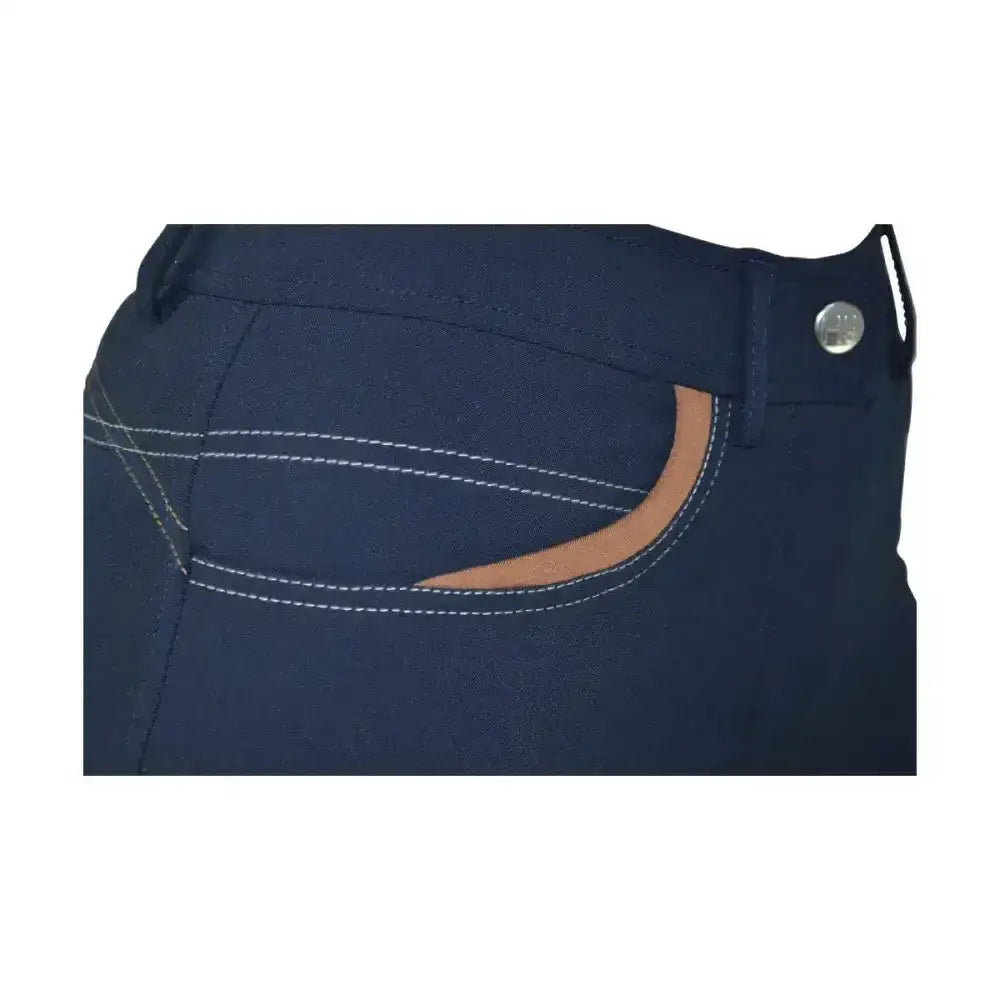 Back view of navy blue hy equestrian malvern ladies breeches with white stitching and tan leather accent breathable 4-way stretch