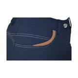 Back view of navy blue hy equestrian malvern ladies breeches with white stitching and tan leather accent breathable 4-way stretch