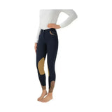 Navy blue hy equestrian malvern ladies breeches with tan leather patches breathable 4-way stretch fabric