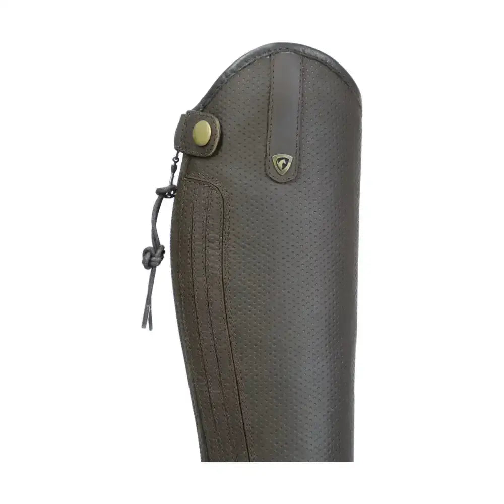Dark olive green perforated leather equestrian manarola boot cover with brass snap for children’s riding boots