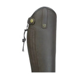 Dark olive green perforated leather equestrian manarola boot cover with brass snap for children’s riding boots