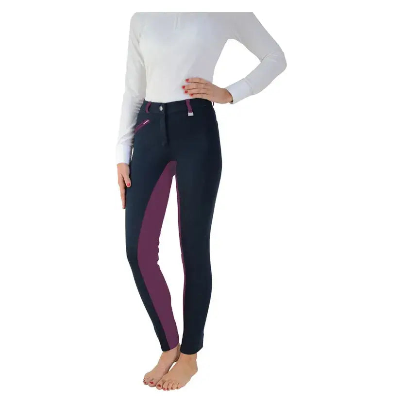 Black and purple sleek form-fitting hy equestrian manby ladies jodhpurs perfect for riding and casual wear