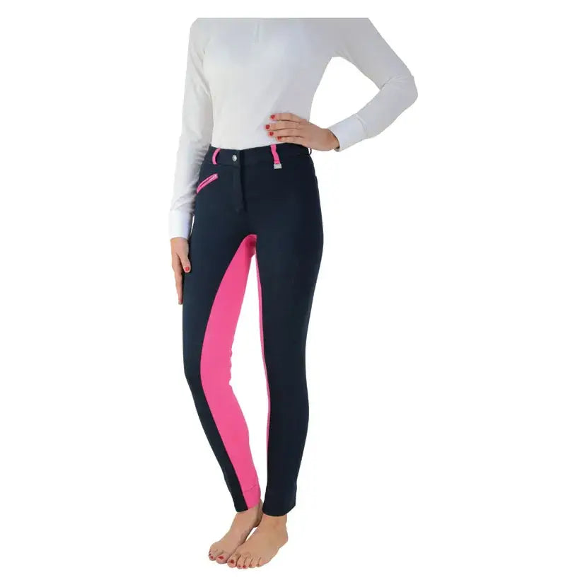 Black riding pants with vibrant pink side panels and zippers from hy equestrian manby ladies jodhpurs