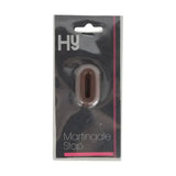 Brown oval rubber equestrian martingale stop in clear plastic packaging with black and pink hy equestrian branding