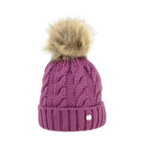 A cozy purple hy equestrian melrose cable knit bobble hat with a fluffy beige pom pom and silver button cuff
