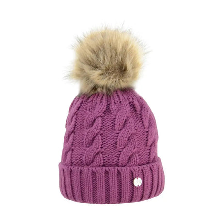 A cozy purple hy equestrian melrose cable knit bobble hat with a fluffy beige pom pom and silver button cuff