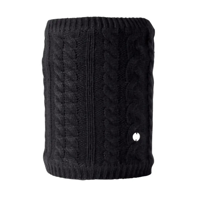 Black knitted wristband with a textured cable knit pattern and small logo from hy equestrian melrose cable knit snood