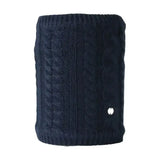 Dark navy blue knitted wrist warmer with ribbed edges and textured cable knit pattern from the equestrian melrose cable collection
