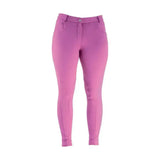 Pink equestrian melton ladies jodhpurs with smooth, form-fitting fabric and classic jodhpur design