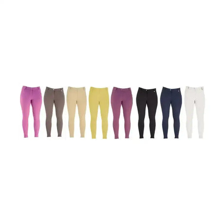 A row of eight classic jodhpur pants in vibrant colors from hy equestrian melton ladies collection