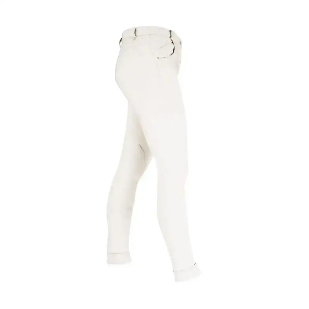 White equestrian melton ladies jodhpurs with black metal hardware at the waist classic jodhpur style pants