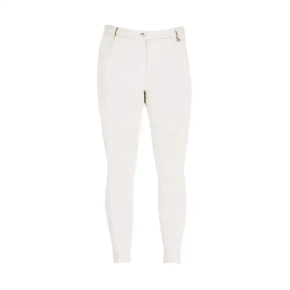 White equestrian melton ladies jodhpurs with sleek form fitting design and metallic hardware at the waistband