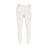 White equestrian melton ladies jodhpurs with sleek form fitting design and metallic hardware at the waistband