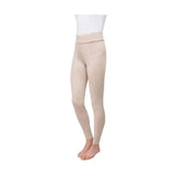 Beige high-waisted equestrian melton ladies riding tights with smooth, form-fitting fabric and subtle side seams