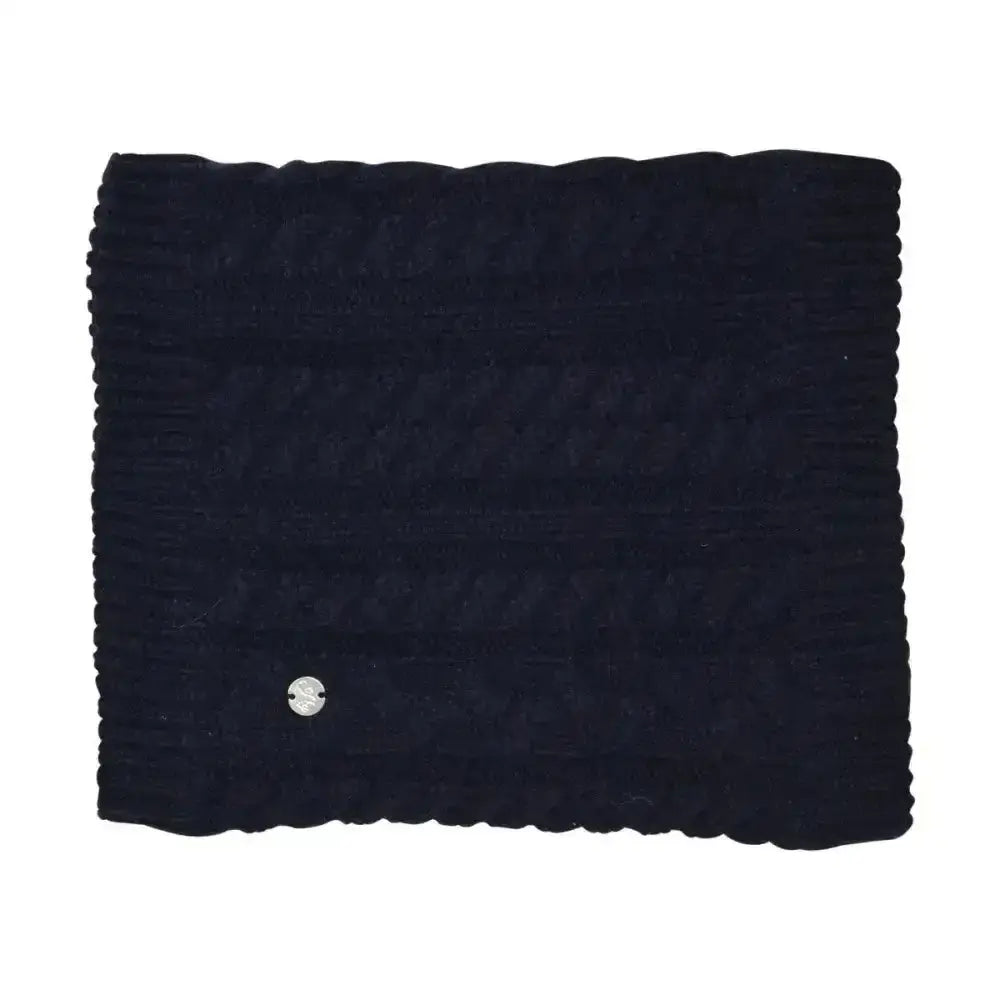Navy blue luxurious cable knit snood with ribbed texture and silver tag from hy equestrian meribel cable collection