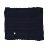 Navy blue luxurious cable knit snood with ribbed texture and silver tag from hy equestrian meribel cable collection