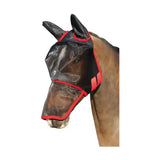 Black equestrian mesh fly mask with red trim fleece panel and small white logo for full face protection