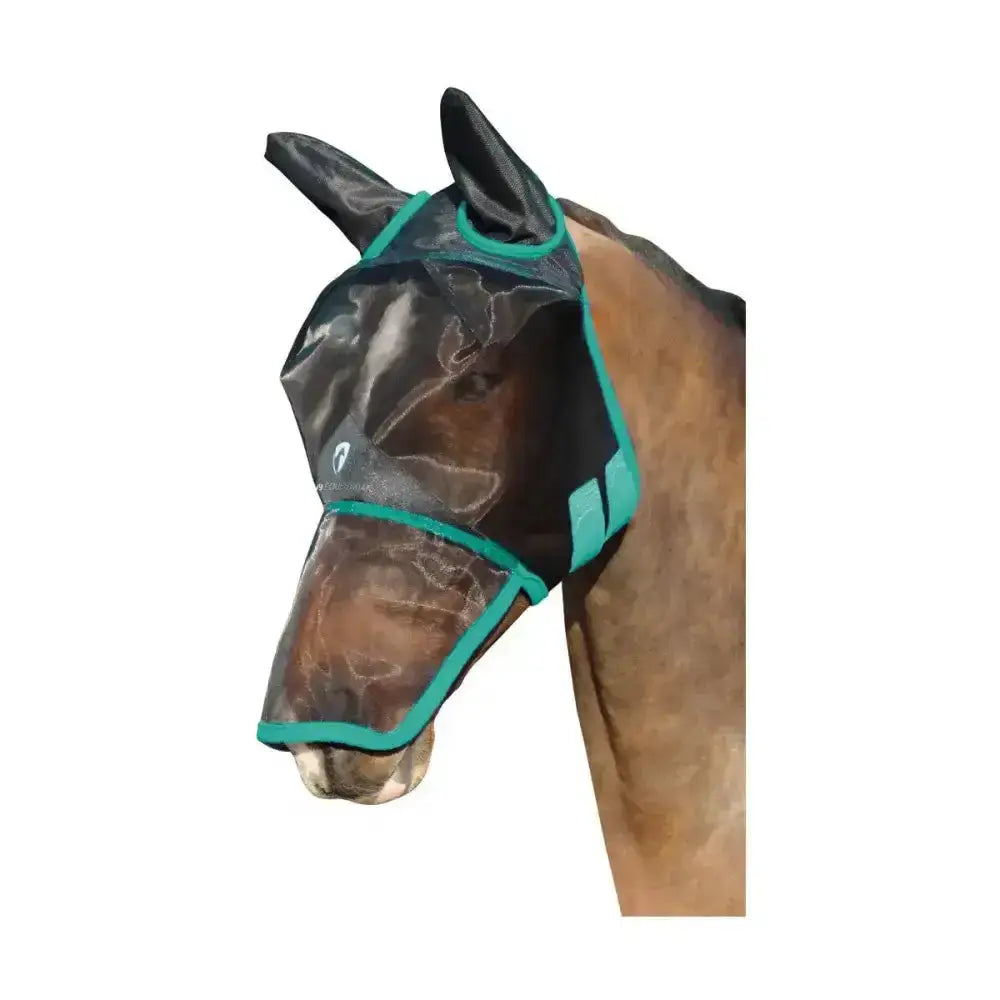 Black mesh hy equestrian fly mask with teal trim fleece panel and adjustable straps for comfortable fit